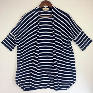 MESH + LACE Linen Cotton Knit Cardigan Navy Blue White Striped‎ Open Front Large